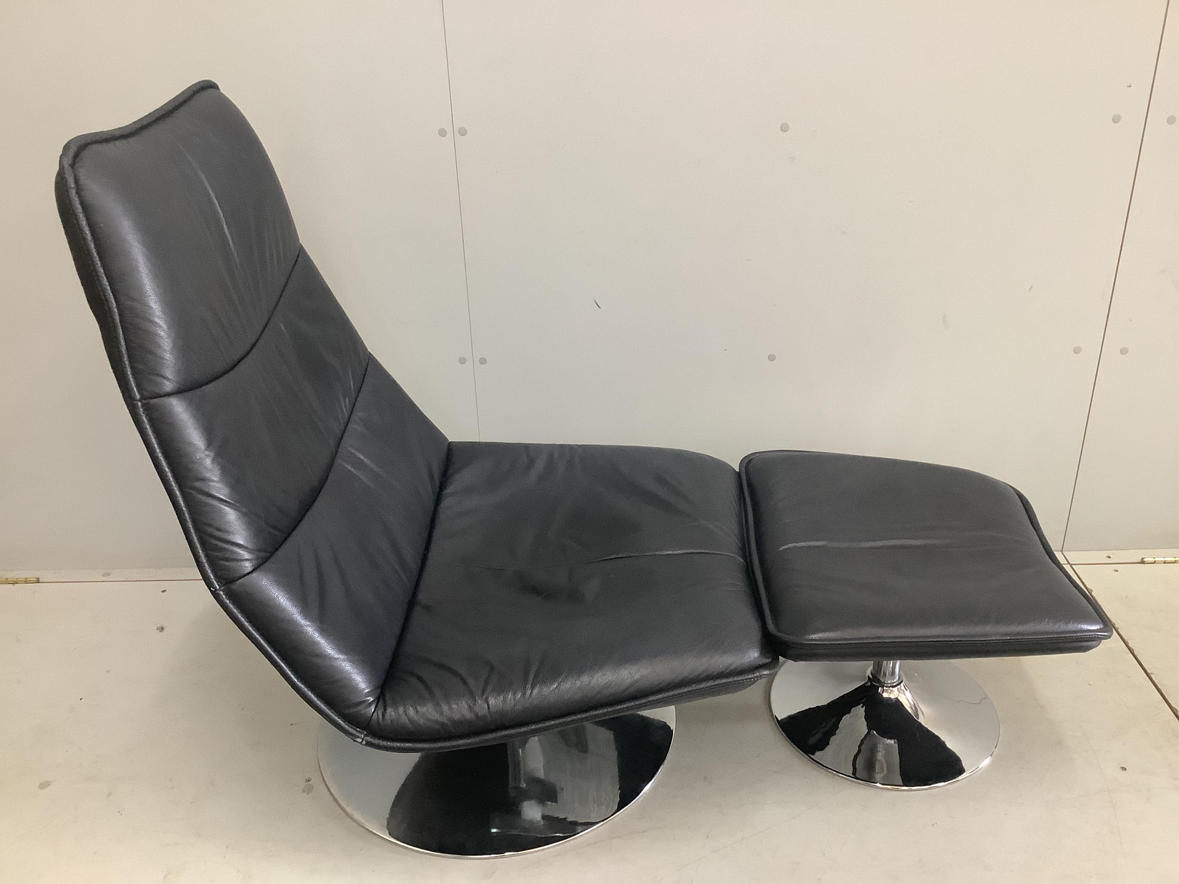 An Italian leather and chrome tilt and swivel chair, width 78cm, depth 74cm, height 104cm and a footstool